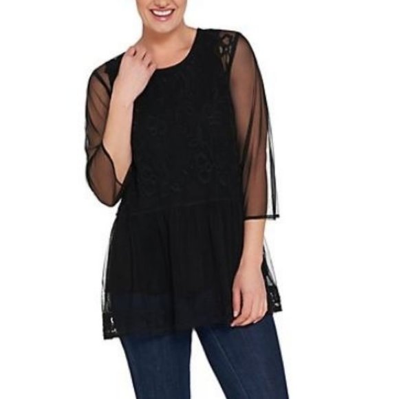 LOGO by Lori Goldstein Tops - LOGO Lavish Embroidered Mesh Top with Twin Tank